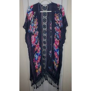 Woven Heart Open Front Kimono Women Medium Navy Blue Pink Floral Tassels Crochet